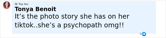 Comment by Tonya Benoit saying she thinks a TikTok photo story shows a psychopath, with a profile picture of a woman smiling.