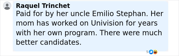Comment from Raquel Trinchet discussing nepotism and bias after a Nepo Baby wins Miss Universe Cuba, sparking fan backlash.