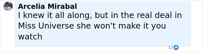 Screenshot of a social media comment expressing disbelief about the Nepo Baby win at Miss Universe Cuba.