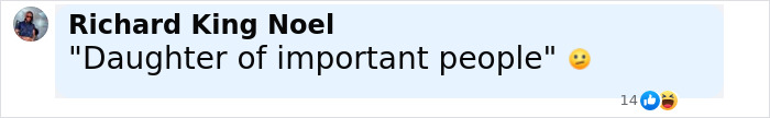 Comment on social media calling a pageant contestant a daughter of important people, expressing skepticism with a concerned emoji.