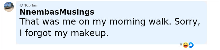 Comment from user NnembasMusings saying they were on a morning walk without makeup, referencing mysterious figure in full-body cat suit.