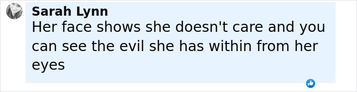 Screenshot of a social media comment describing a woman&rsquo;s indifferent expression showing hidden anger and cruelty in her eyes.