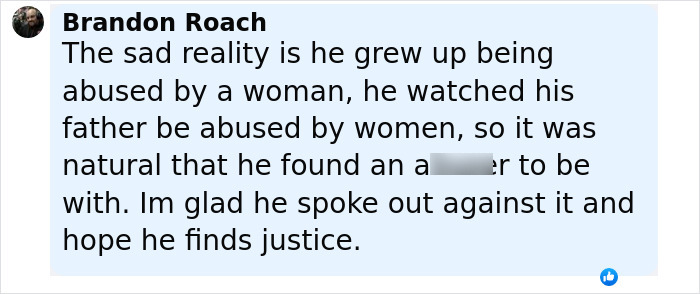 Comment by Brandon Roach discussing Johnny Depp's childhood abuse and his hope for justice regarding his violent mom.