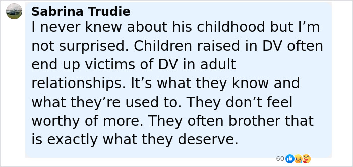 User comment discussing the impact of violent mom on Johnny Depp's childhood and its effects on victims of domestic violence.