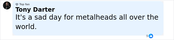 User Tony Darter expressing sadness over Ozzy's passing, reflecting Black Sabbath fans' emotional reaction worldwide.