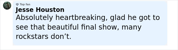 Comment by a top fan expressing heartbreak and gratitude for Ozzy's final show shared in Black Sabbath emotional statements.