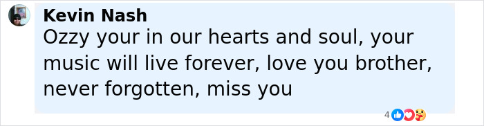 Comment by Kevin Nash expressing love and remembrance for Ozzy with heartfelt words on Black Sabbath's emotional tribute.