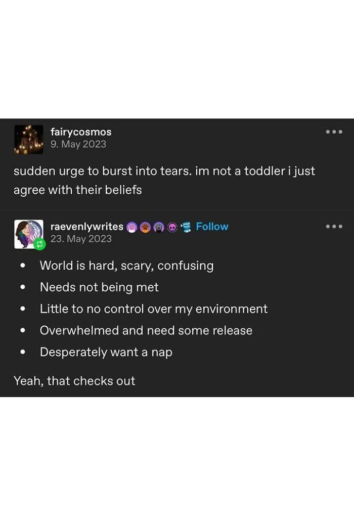 Tumblr posts expressing random yet relatable feelings of overwhelm, confusion, and the urge to cry or nap.