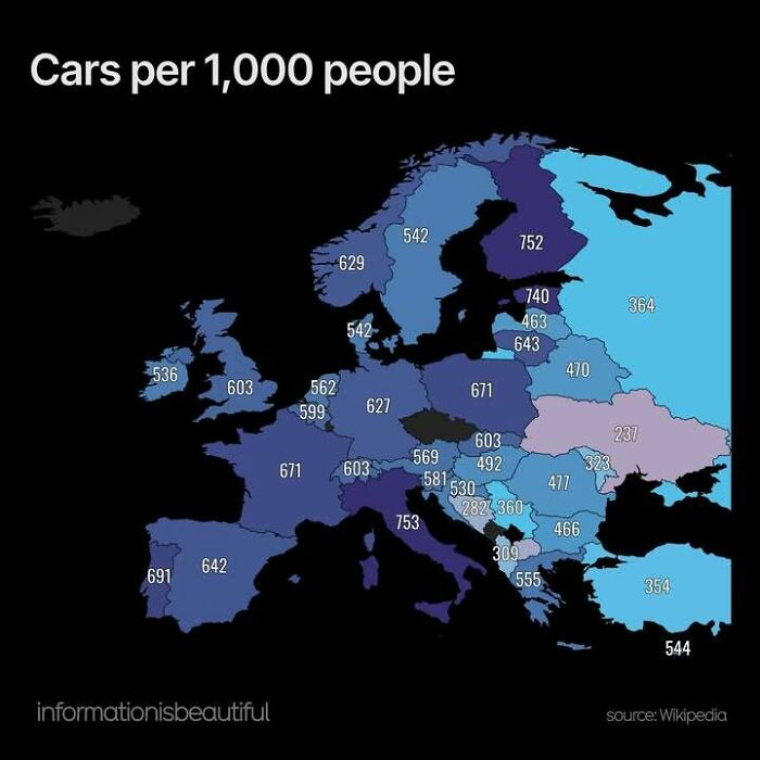 Map infographic showing cars per 1,000 people across Europe with varying data in a color-coded format.