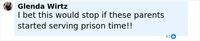 Facebook comment by Glenda Wirtz expressing frustration about parents facing prison time for their actions. - 20