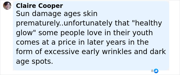 Comment by Claire Cooper discussing sun damage aging skin prematurely with wrinkles and dark age spots, related to Ulrika Jonsson trolls.