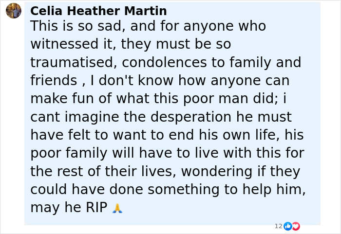 Comment expressing sadness and condolences for man sucked into plane engine, mentioning troubled mind and family grief.