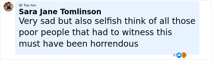 Comment from Sara Jane Tomlinson expressing sadness and concern about witnesses to the man sucked into plane engine incident.