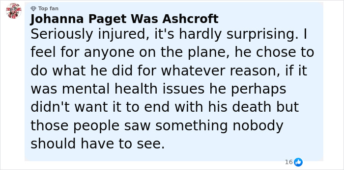 Comment about man sucked into plane engine with friends discussing his troubled mind and mental health.