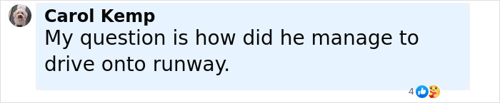 Comment by Carol Kemp questioning how the man managed to drive onto the runway before being sucked into plane engine.