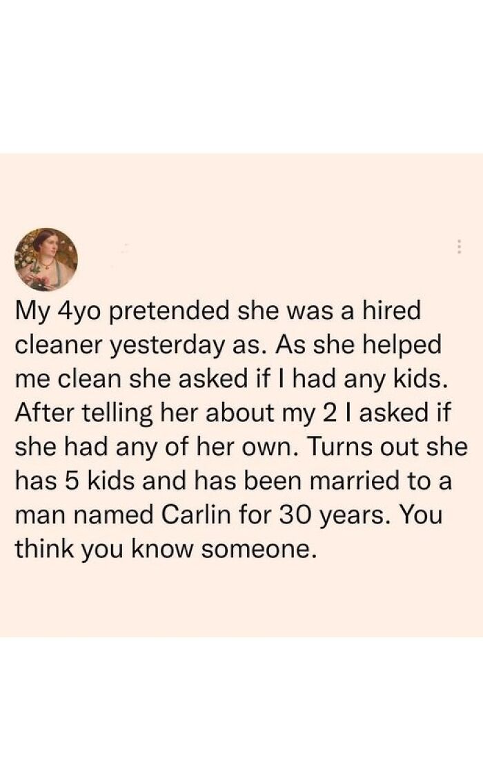 Tumblr post about a 4-year-old pretending to be a cleaner, sharing a random yet relatable family story.