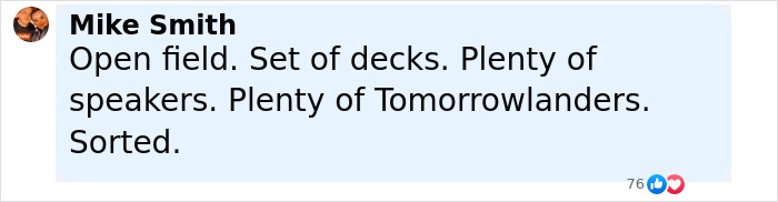 Tweet showing excitement for Tomorrowland with open field, decks, speakers, and attendees preparing for the event.