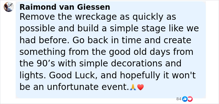Comment expressing hope to quickly remove wreckage and rebuild Tomorrowland main stage after massive fire days before event.