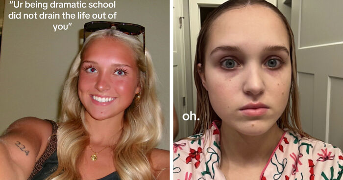 Young woman showing before and after life happened, smiling with sunglasses versus serious without makeup indoors.