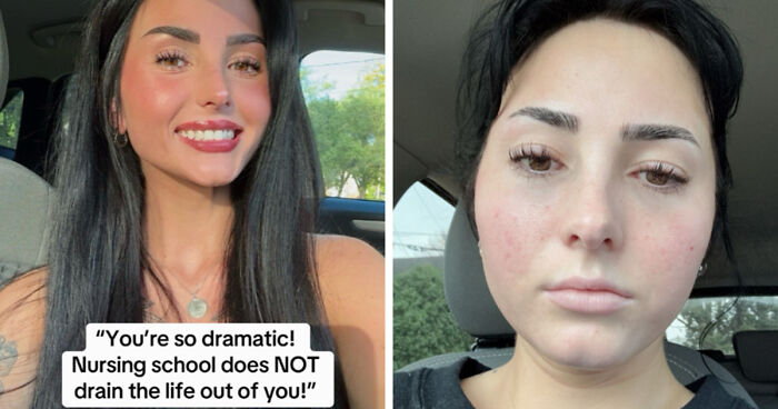 Before and after life happened photos showing the impact of nursing school on a young woman's appearance and mood.