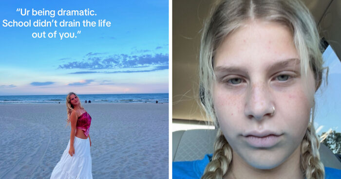 Side-by-side before and after photos of a young woman showing changes after life happened to her.