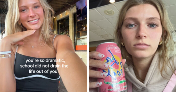 Young woman showing before and after life happened, smiling brightly in one photo and looking tired in the other.