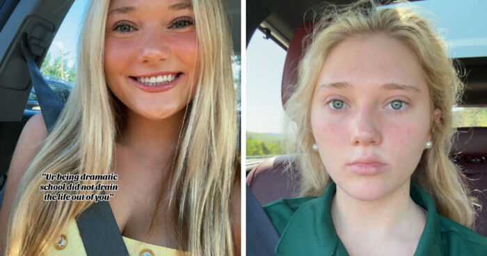 Side-by-side before and after photos of a young woman showing changes life happened to her, smiling then serious.