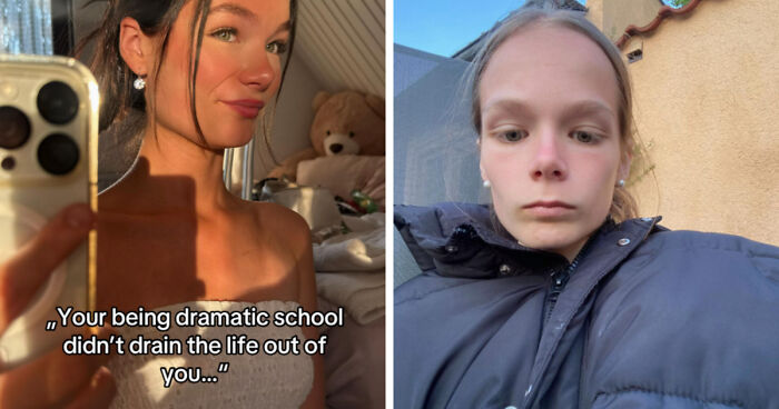 Side-by-side before and after photos showing the impact of life experiences on a young woman’s appearance.