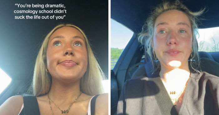 Young woman sharing before and after photos showing emotional changes as life happened to her inside a car.