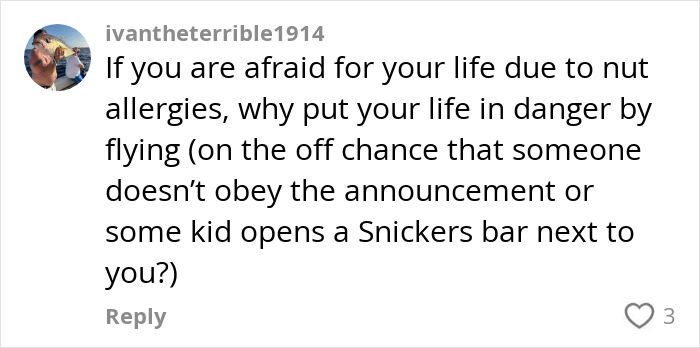 Social media comment debating passenger's allergy request announcement on a flight and related safety concerns. Social media comment debating passenger's allergy request announcement on a flight and related safety concerns.
