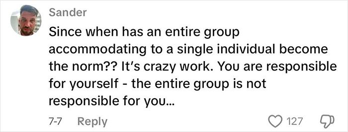 Comment from user Sander questioning group accommodation for a passenger’s allergy request on a flight, sparking debate. Comment from user Sander questioning group accommodation for a passenger’s allergy request on a flight, sparking debate.