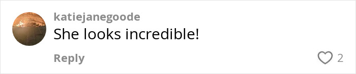 Comment reading She looks incredible in black and gray text, user profile picture is a sunset photo.