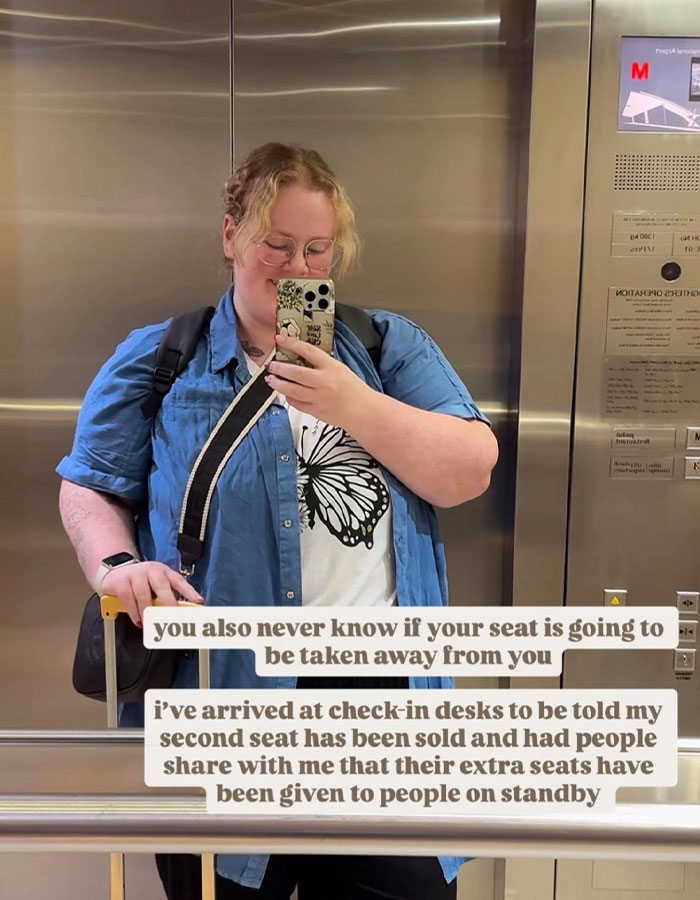 Plus-size traveler taking a mirror selfie in an elevator sharing experiences about airline seats and check-in challenges.