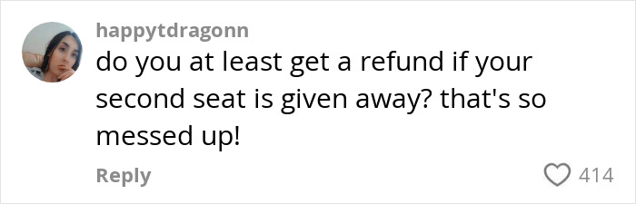 Comment on social media from user happydragonn questioning refunds for second airline seats, related to plus-size traveler debate.