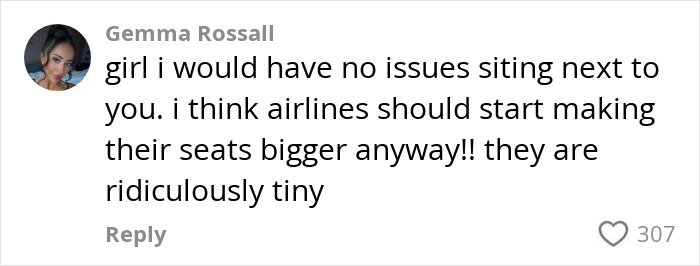 Screenshot of a social media comment discussing plus-size traveler seating and airline seat size complaints.