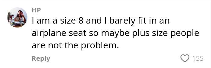 Comment from user HP discussing plus-size travelers and airplane seat fit, reflecting controversy over booking multiple seats.