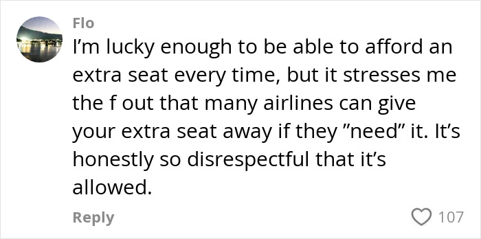 Comment from plus-size traveler about stress over airlines giving away paid extra seats despite affordability.