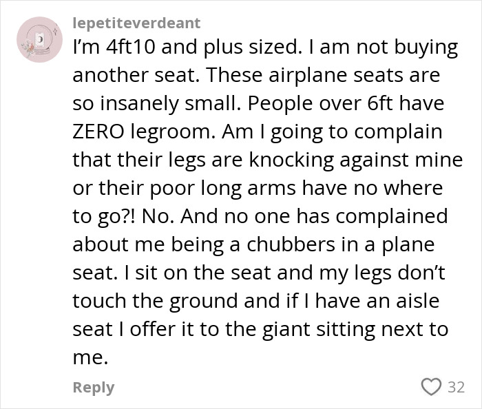 Plus-size traveler explains why she won&rsquo;t book two airline seats despite small legroom and criticism online.