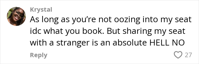 Comment from proud plus-size traveler explaining why she won&rsquo;t book two airline seats, sparking debate online.