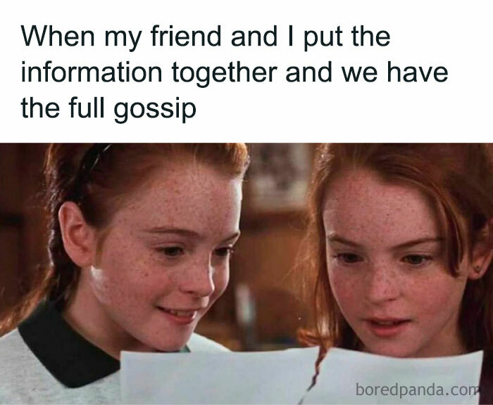 Two young girls excitedly sharing gossip, a funny meme reminding not to take life too seriously.