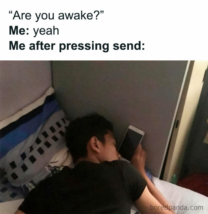 Person lying in bed holding a phone, illustrating a funny meme about not taking life too seriously.
