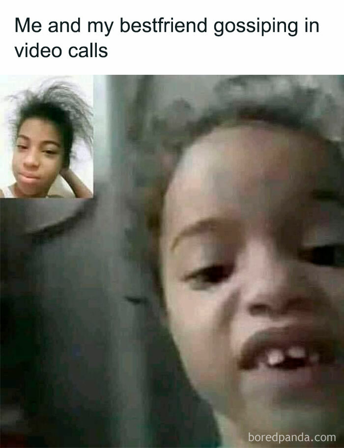 Two kids making funny faces during a video call, highlighting humor and memes that remind not to take life seriously.
