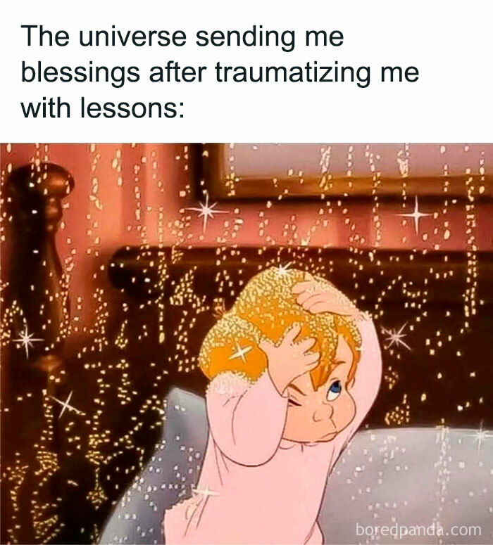 Cartoon child with sparkling golden light on hair, illustrating funny memes about not taking life too seriously.