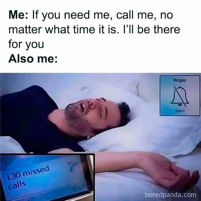 Man sleeping soundly with 130 missed calls on silent phone, illustrating a funny meme about not taking life too seriously.