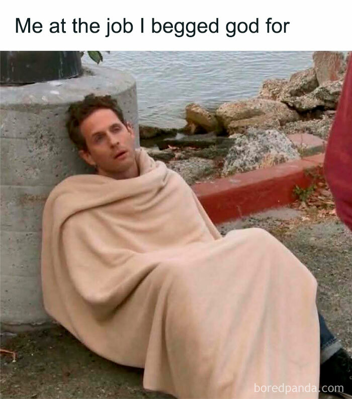 Man wrapped in blanket sitting outdoors looking exhausted in a funny meme about not taking life too seriously.