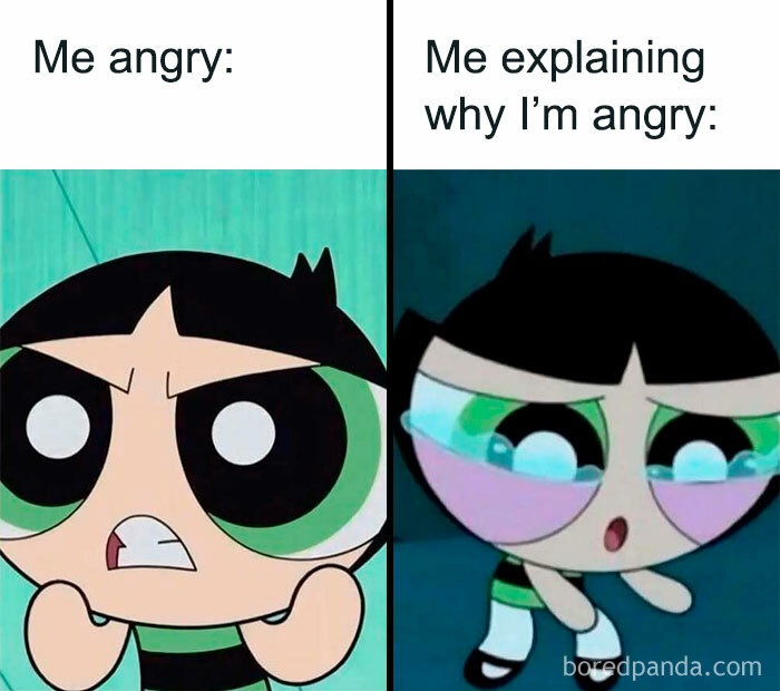 Cartoon character showing anger and then explaining why, a funny meme reminding not to take life too seriously.