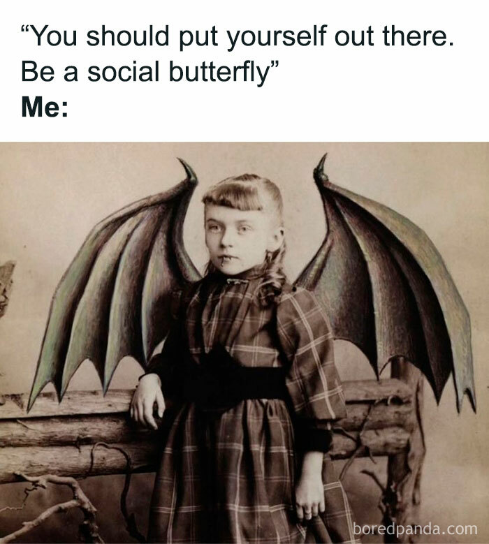 Vintage photo of a girl with bat wings humorously illustrating funny memes reminding not to take life too seriously.