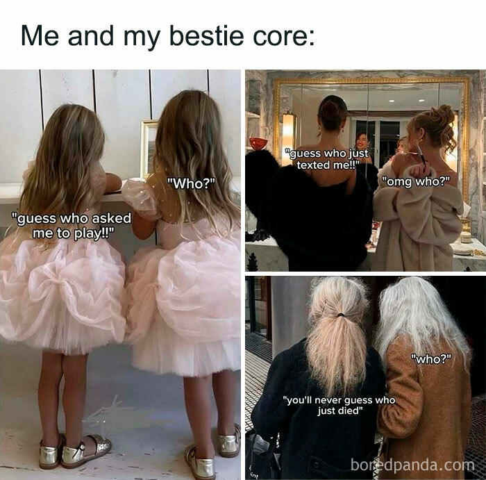 Two young girls, two women, and two elderly women humorously texting each other in funny memes reminding not to take life seriously.