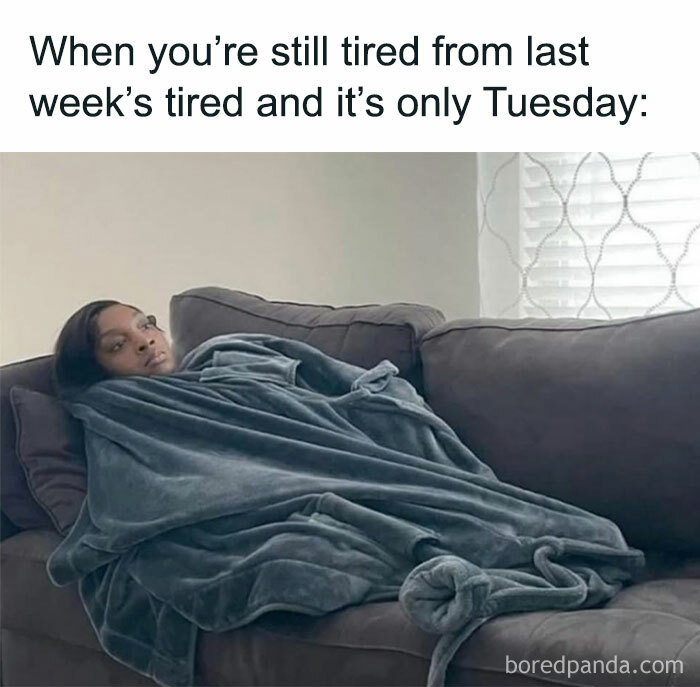 Person wrapped in a blanket on a couch, tired expression showing funny memes about not taking life too seriously.