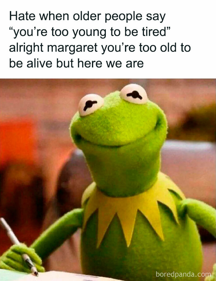 Kermit the Frog meme about aging and tiredness, highlighting funny memes that remind you not to take life too seriously.